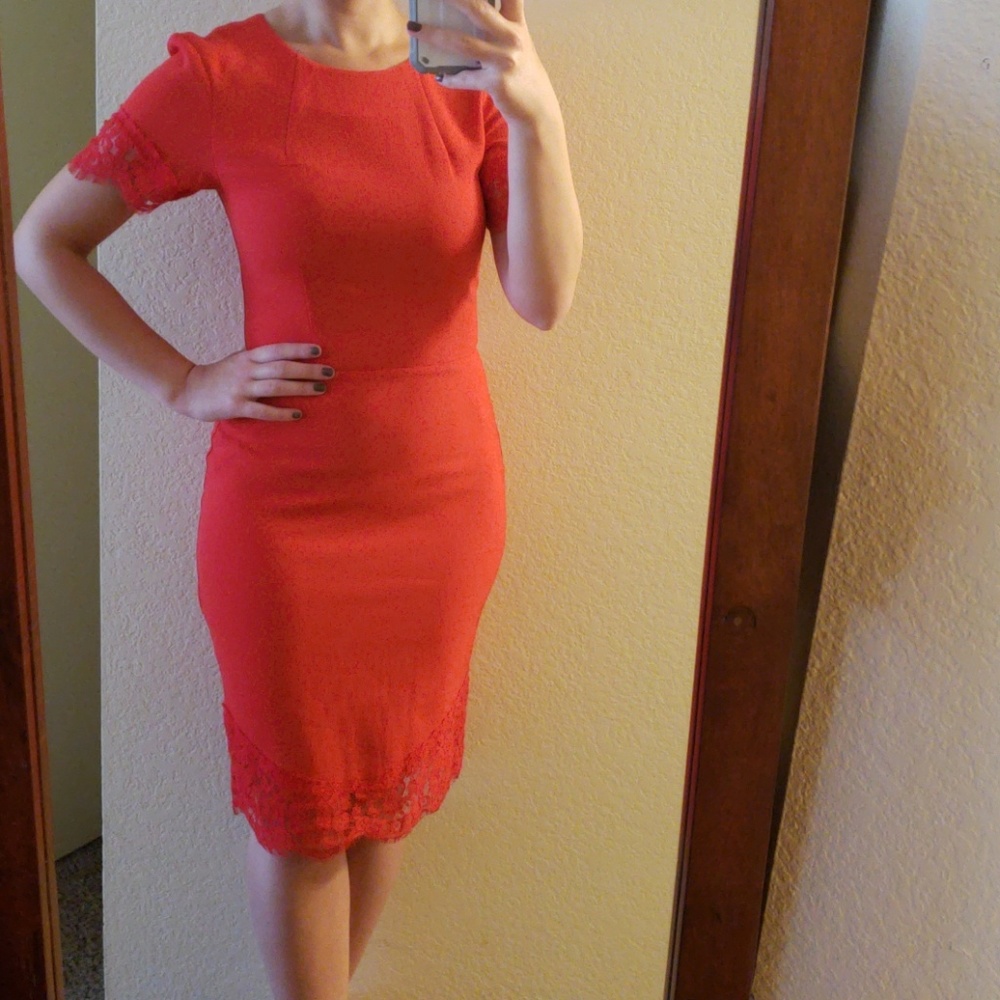 Bright red lace trim knee length dress